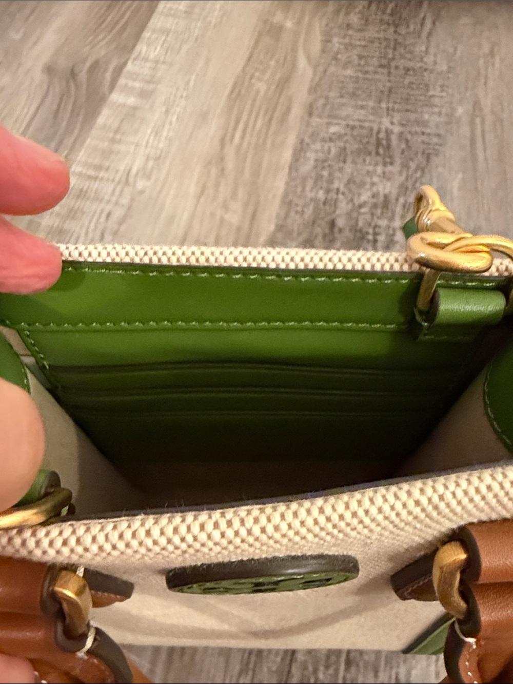 Tory Burch Green Trim Canvas Mini Blake Crossbody Purse - Picture 7 of 8